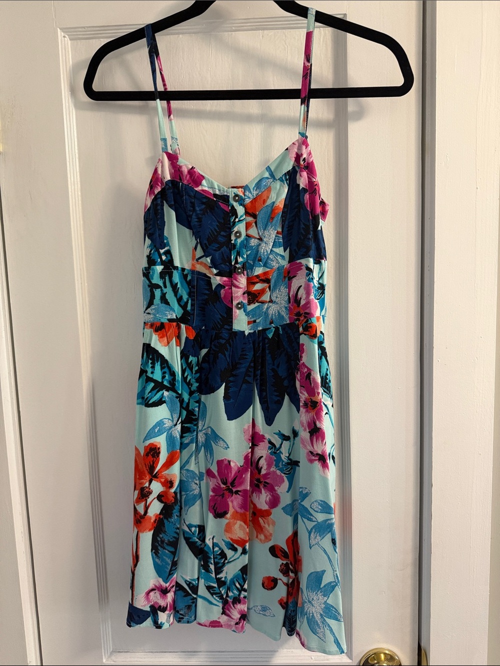 Express Aqua, Navy, Pink Floral Button-Front Sundress